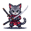 Grey cat in red and dark grey samurai armor, holding a katana, with another sword on its back.