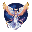 A seraphim with white and gold feathered wings floats in a starry, deep blue and purple nebula.
