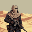 Lone soldier in desert dunes, wearing a light brown tunic and dark suit, with a sand-colored mask obscuring their face except for eye slits.