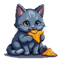 A fluffy Russian Blue cat happily eats bright orange, triangular chips, with crumbs scattered around its paws.