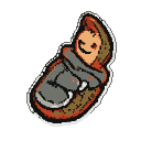 A pixelated, peachy-hued figure with a wide, closed-eyed grin is nestled in a brown and orange organic-looking pod, partially covered by a grey textured blanket with red accents.
