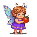 Cherubic fairy with bright blue eyes, pointed ears, and curly light brown hair with antennae, wearing a ruffled purple floral dress, holding a red strawberry. Translucent iridescent wings spread slightly.