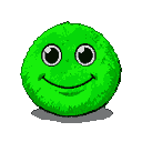 A fluffy green sphere with a wide smile and large eyes.