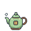 A light green teapot with a brown handle, featuring a small square window with a yellow glow. Steam rises from the spout.