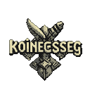 "KOINEGSSEG" text in sepia tones with crossed metallic weapons behind it on a black background.